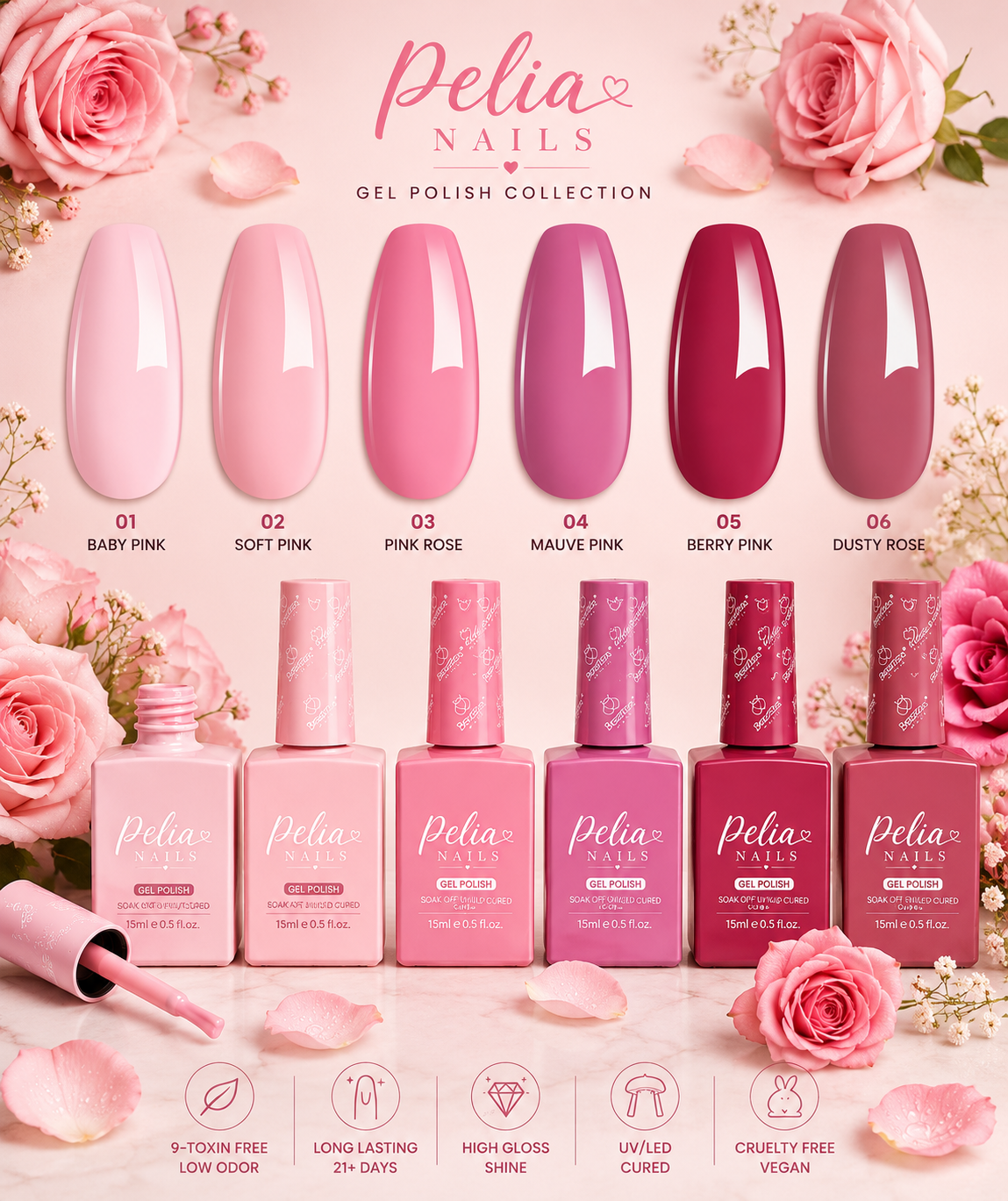 Soft pink nail polish bottles arranged with petals